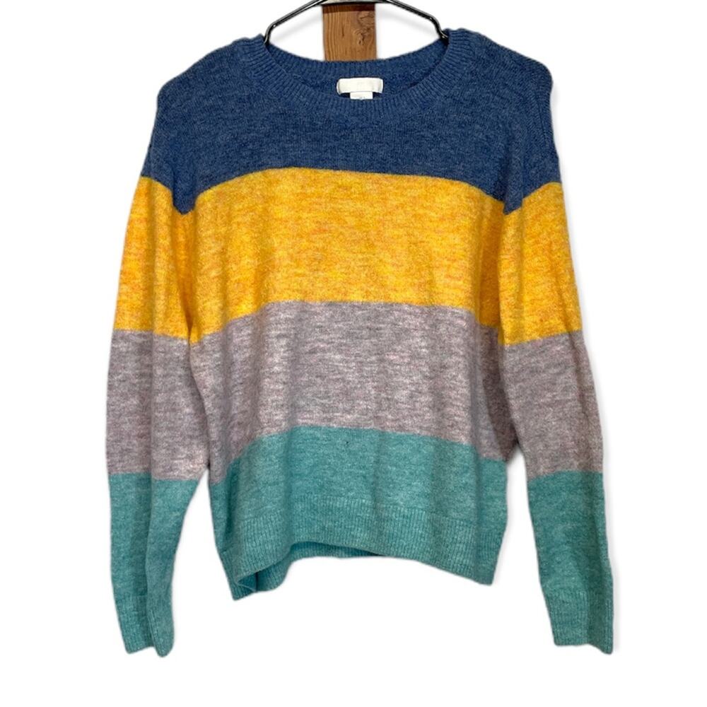 H&M Blue, Yellow, Gray & Green‎ Colorblock Stripe Long Sleeve Sweater Size S